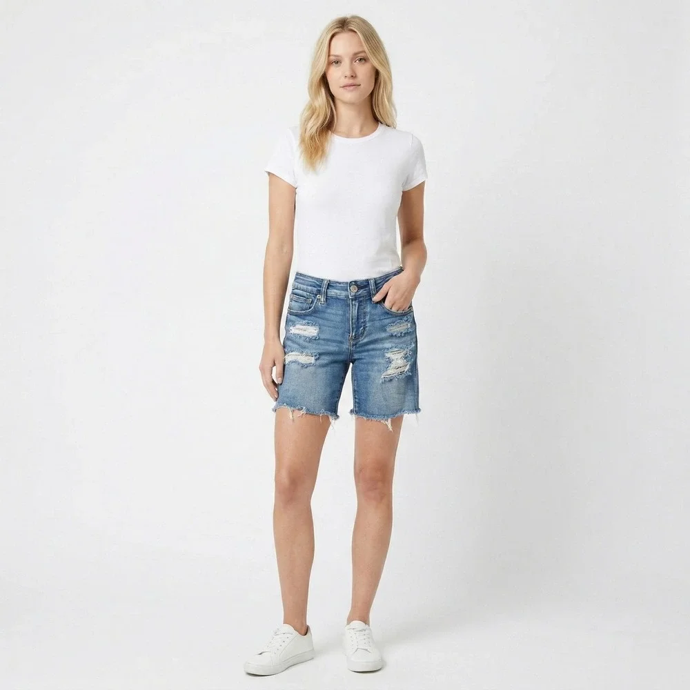 American Eagle‎ Womens Denim Midi Shorts 4 Blue Distressed Raw Hem Cutoff